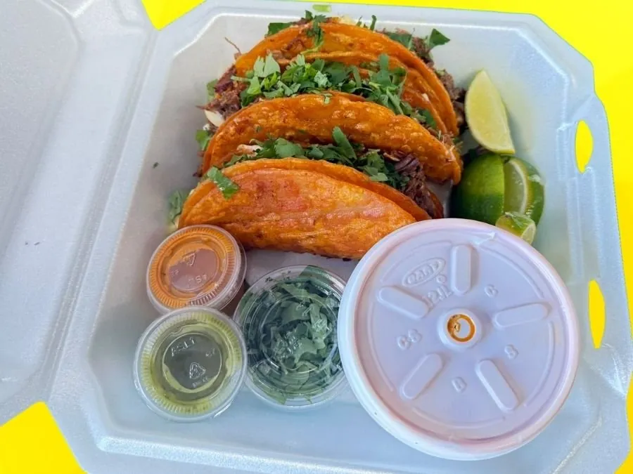 Birria tacos with cilantro in a foam takeout box, with salsa cups, lime wedges and a lidded cup
