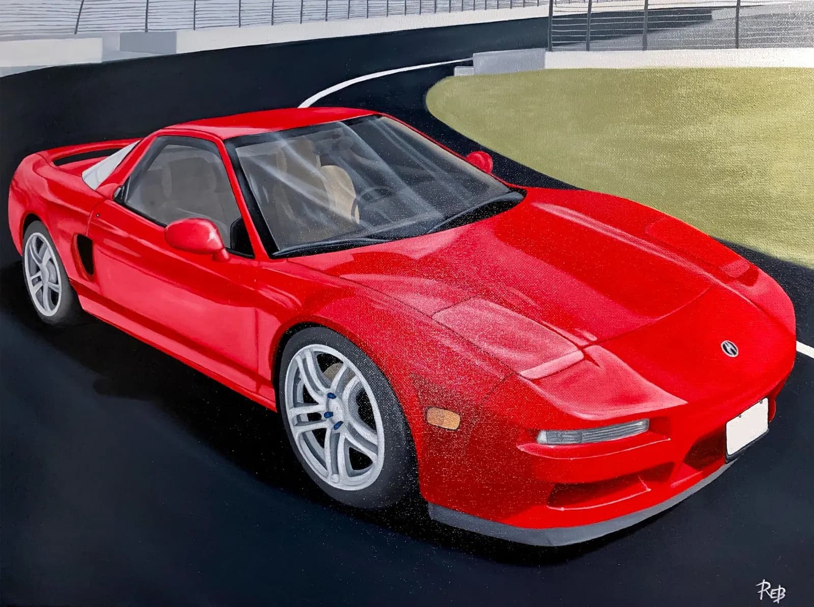 An oil painting of a red Acura NSX on a race track corner, with grass and a barrier behind it