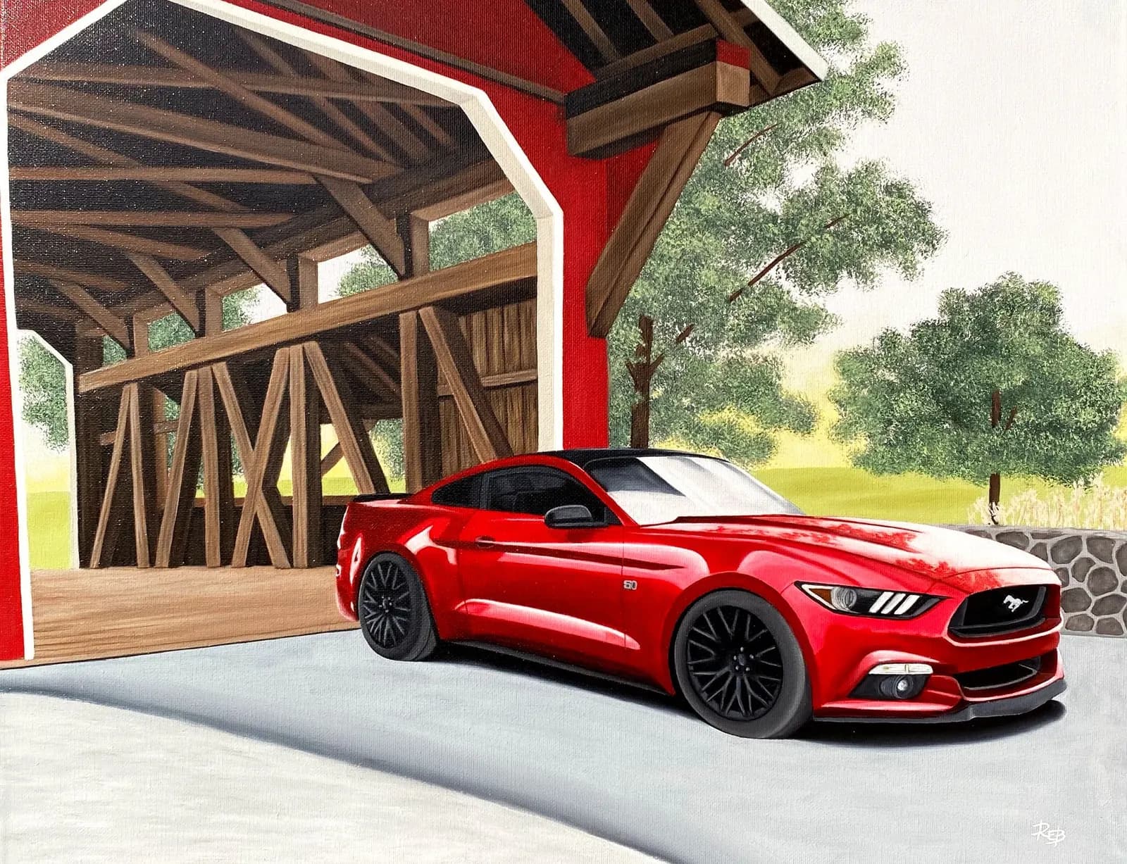An oil painting of a red Mustang GT parked in a red covered bridge, with trees and a stone wall behind it