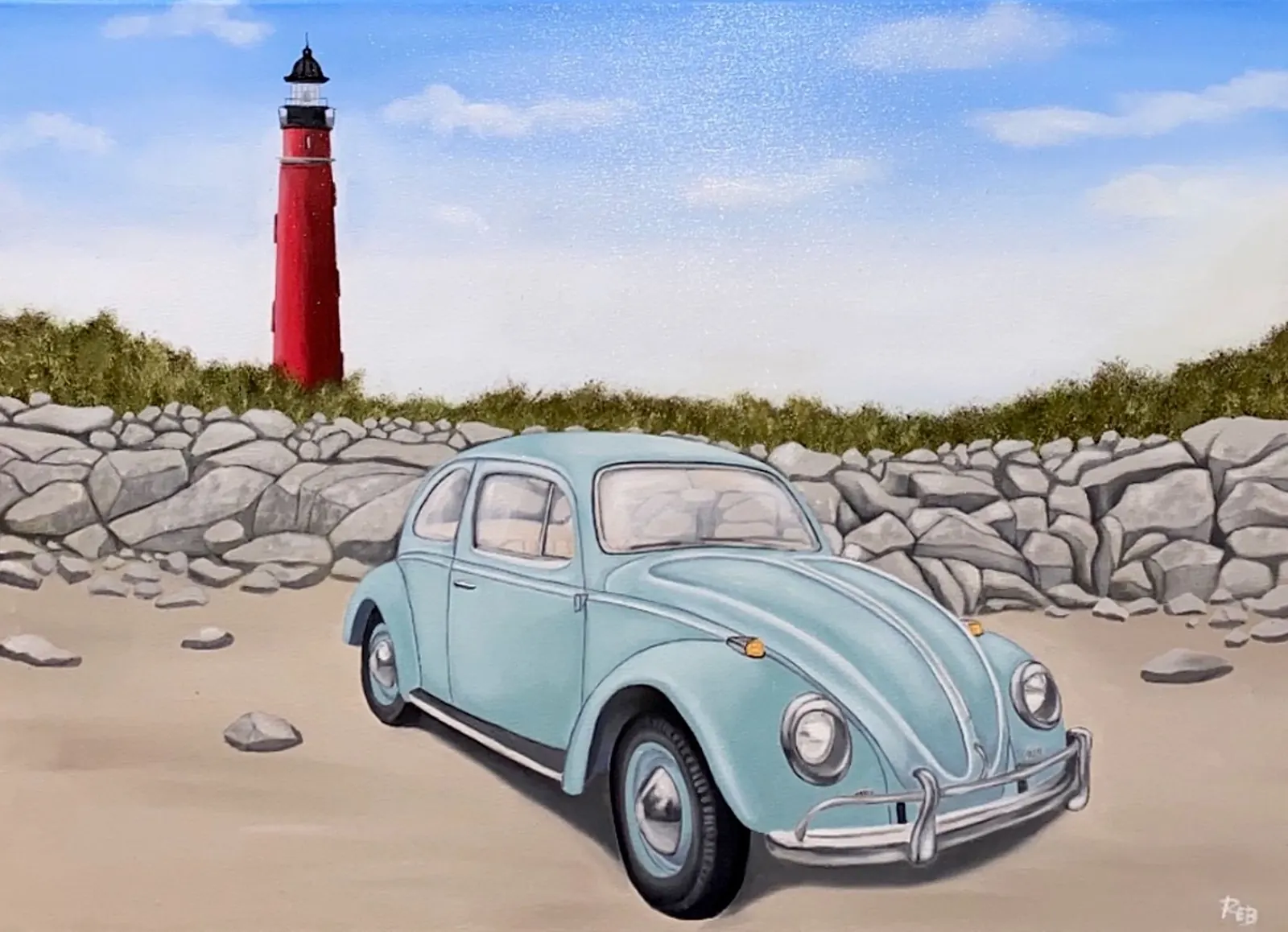 An oil painting of a light blue Volkswagen Beetle on a rocky shore in front of a red and white lighthouse