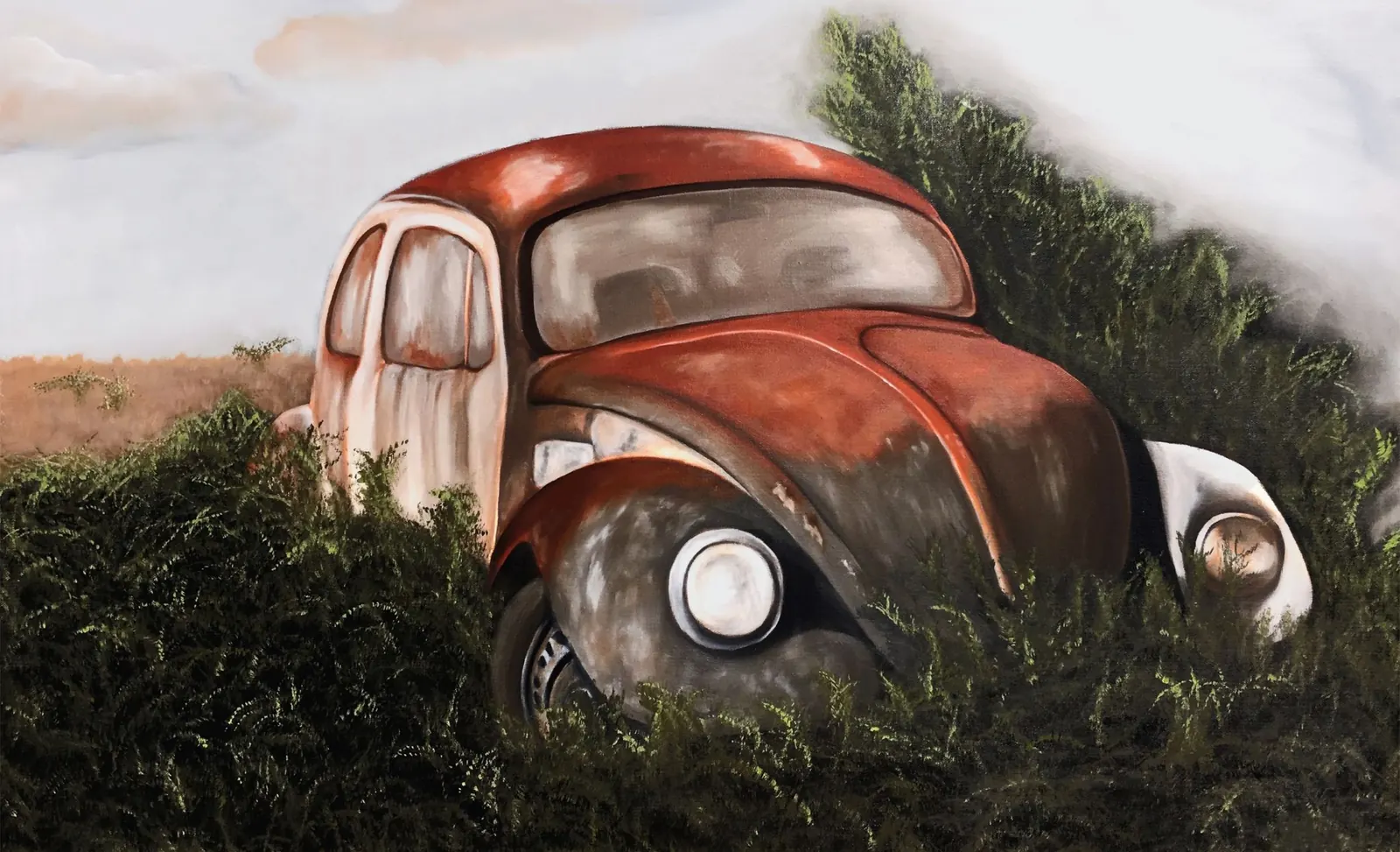 An oil painting of a rusted Volkswagen Beetle left in tall grass under a pale sky
