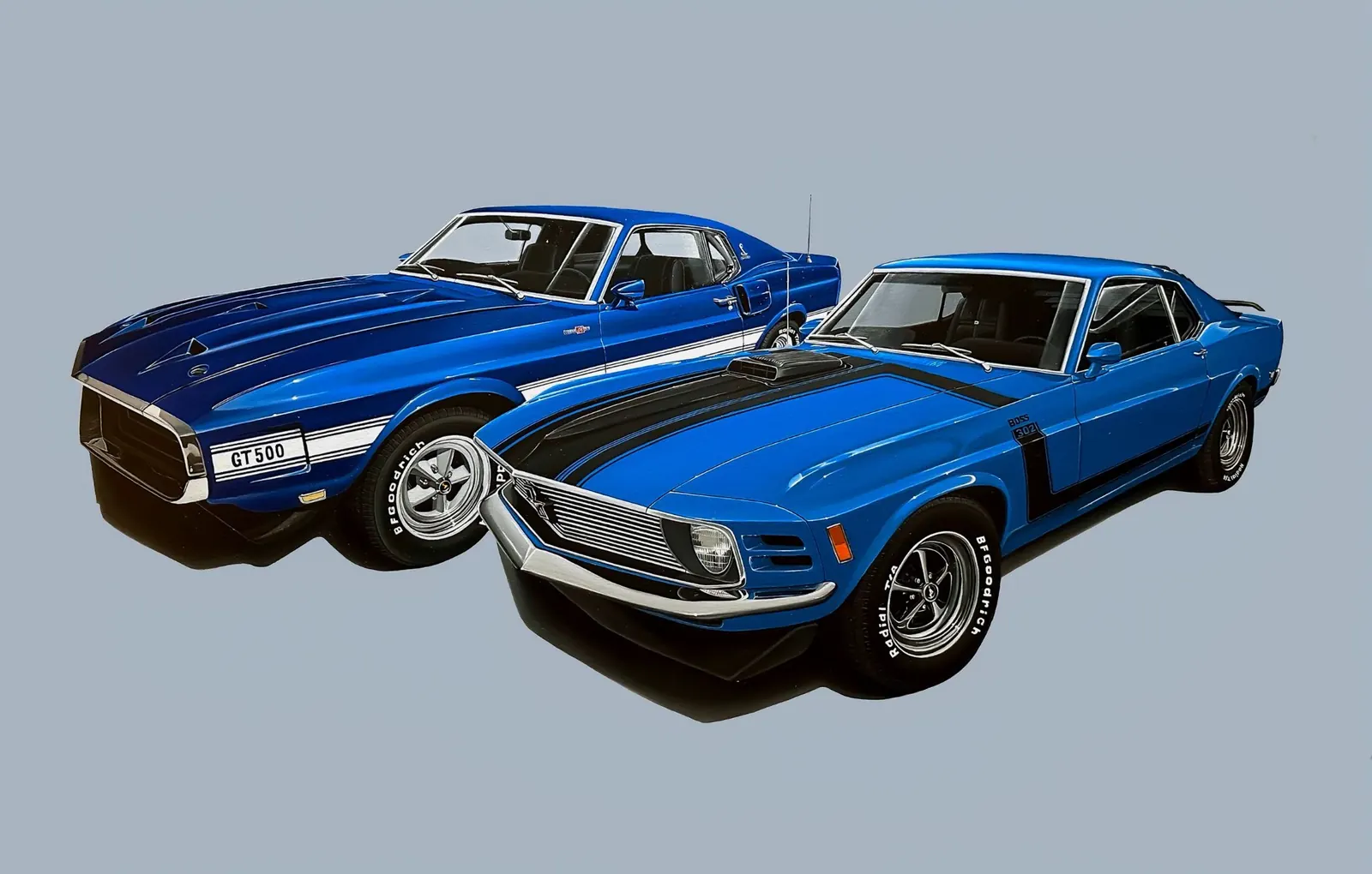An oil painting of two blue Mustangs, a Shelby with GT500 lettering and a Mach 1 style car, on a gray blue ground
