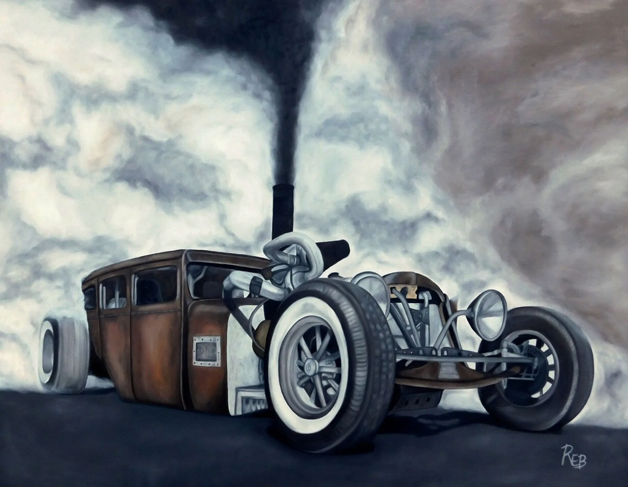 A painting of a rat rod with smoke rising from its stack