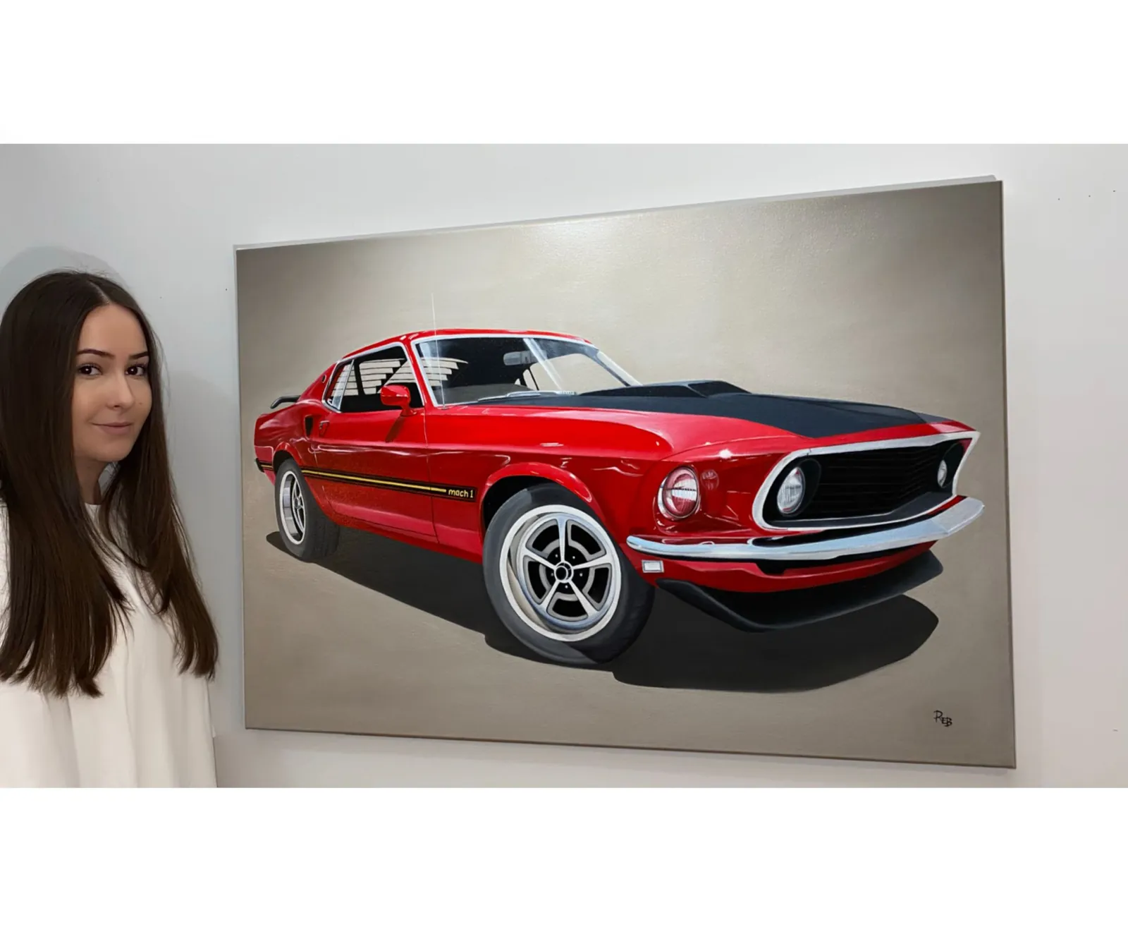 Reb Art's painting Wild Thing, a red 1969 Mustang Mach 1, on canvas