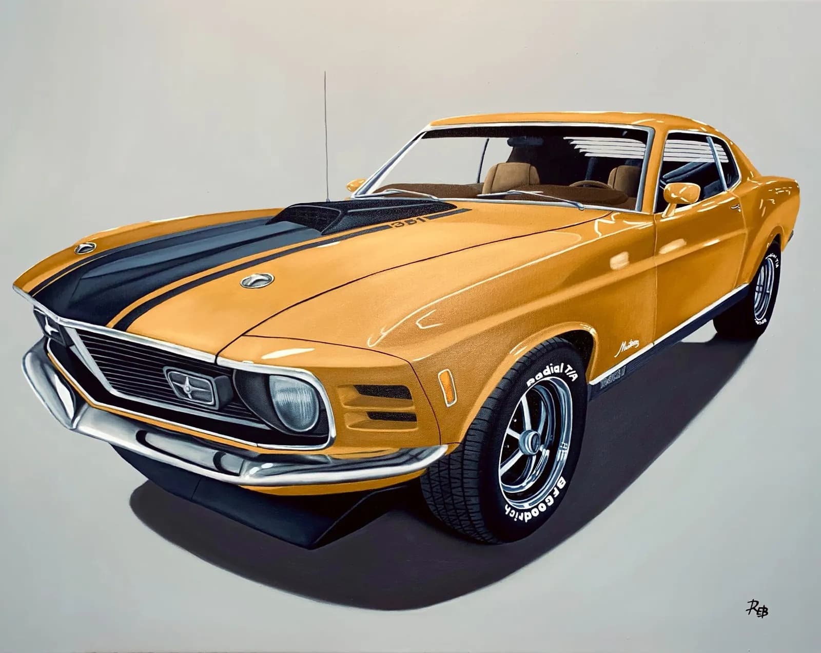 A painting of a yellow and black 1970 Mustang Mach 1