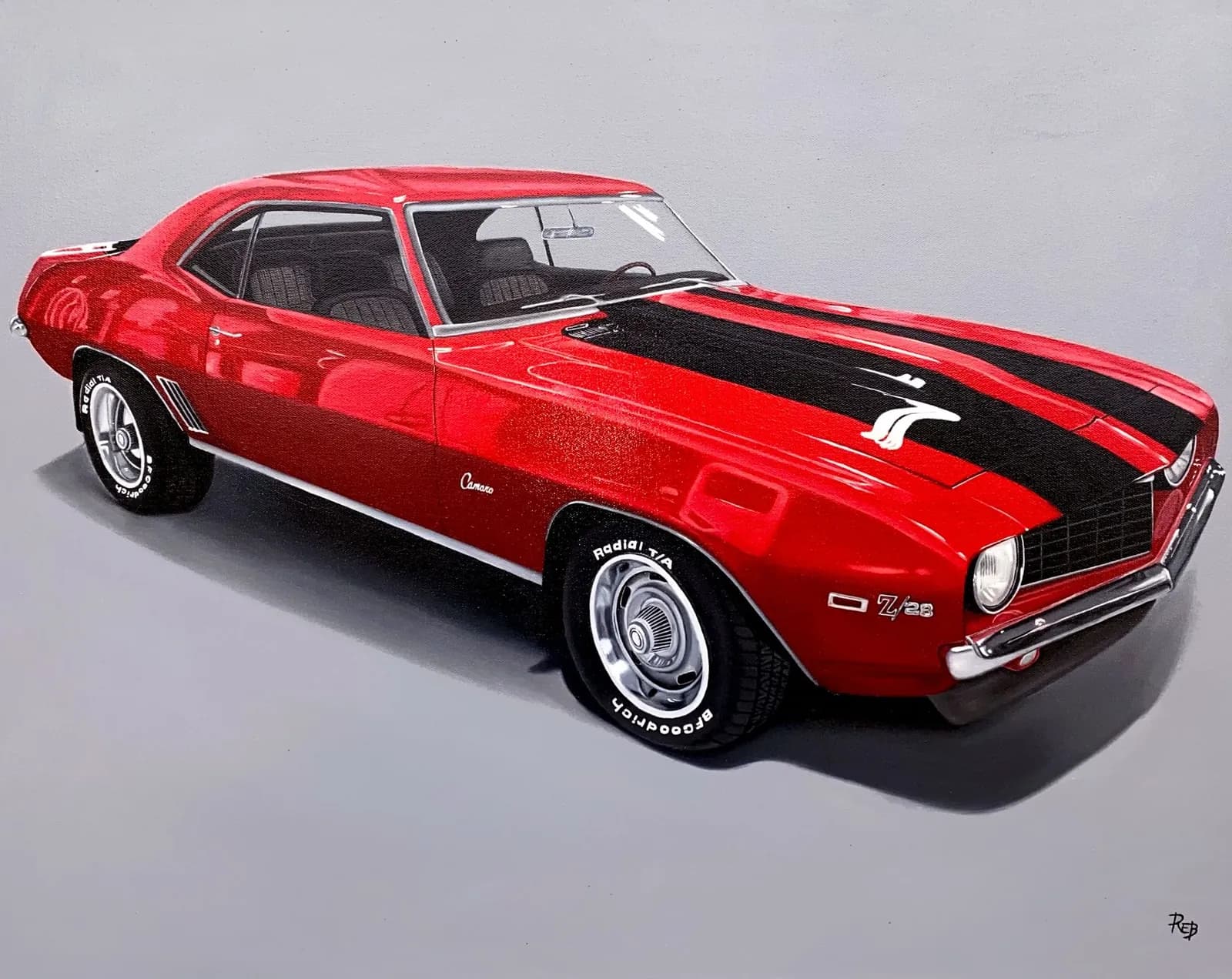 A painting of a red 1969 Camaro Z28 with black stripes