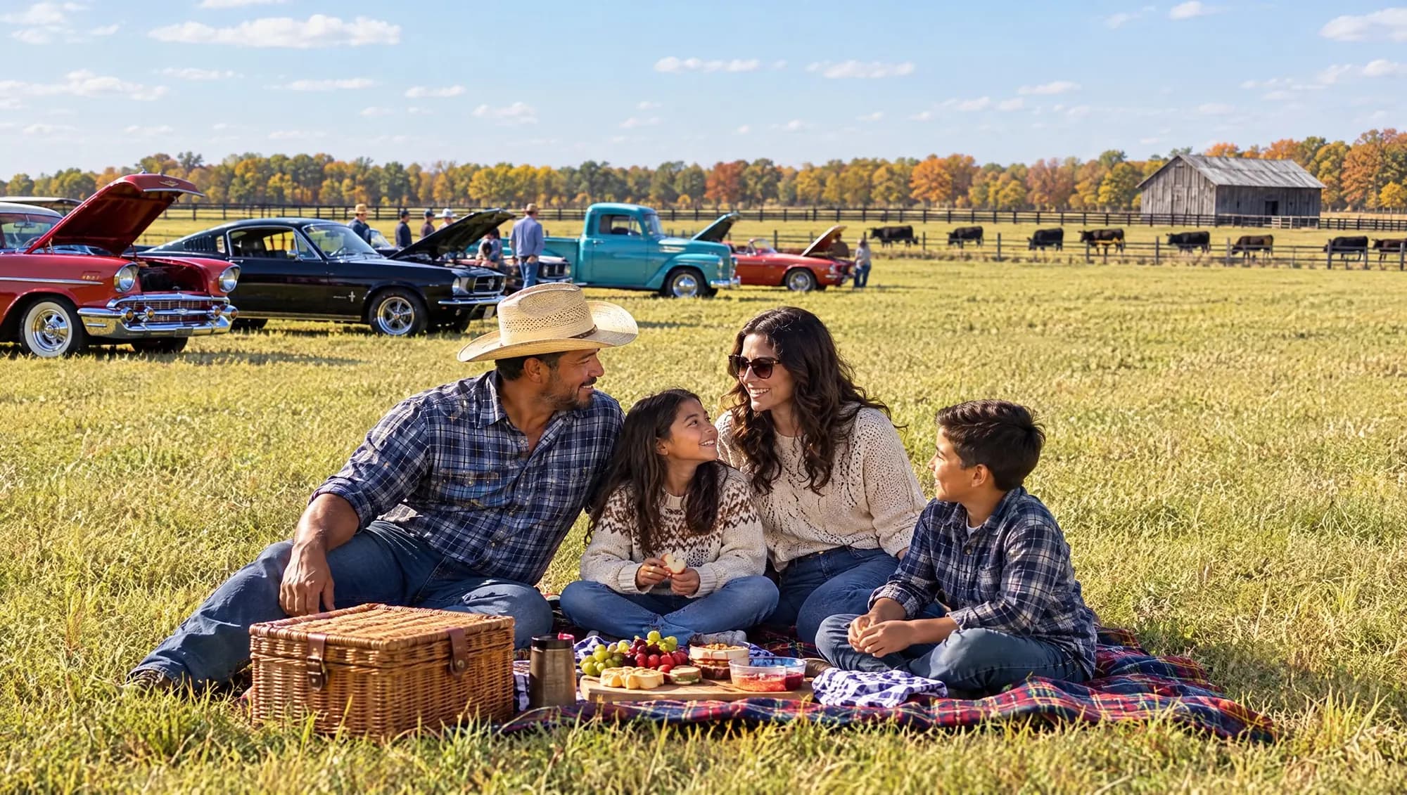 A family picnicking on a plaid blanket in the grass, show cars and the barn behind them
