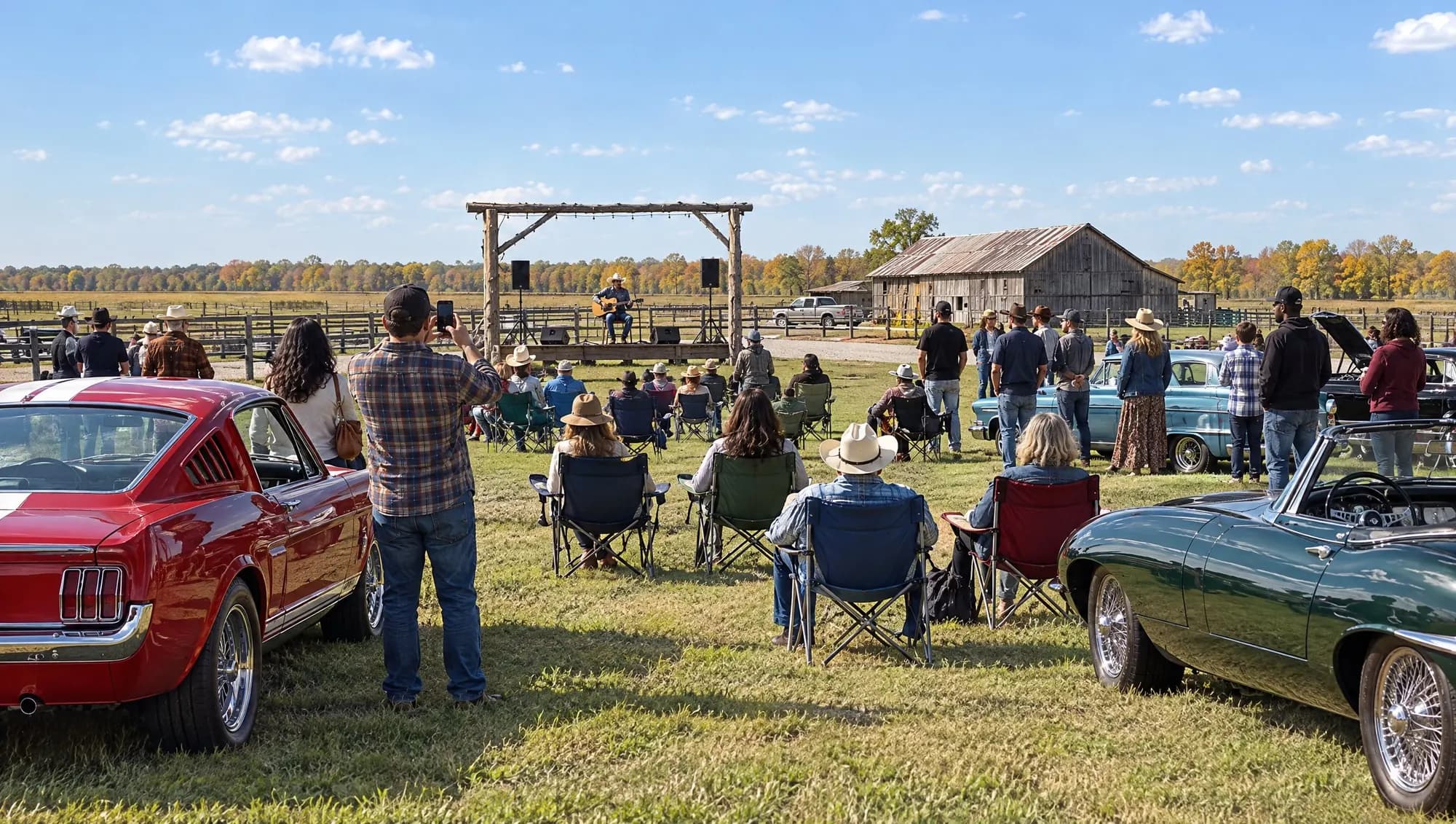 Lawn chairs on the grass in front of a small wooden stage, show cars parked either side