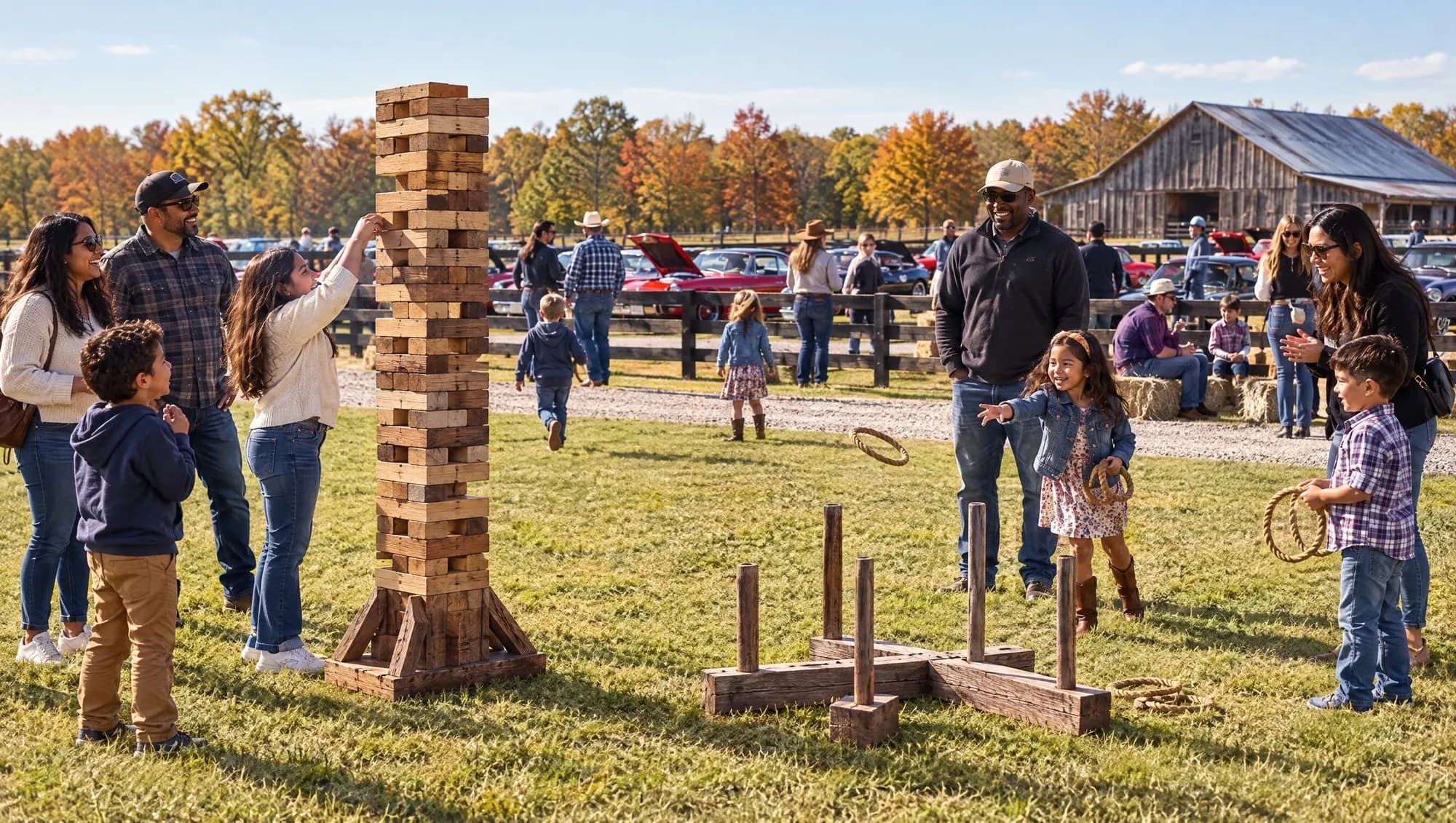 Families playing giant tumbling towers and rope ring toss on the grass, show cars and the barn behind them