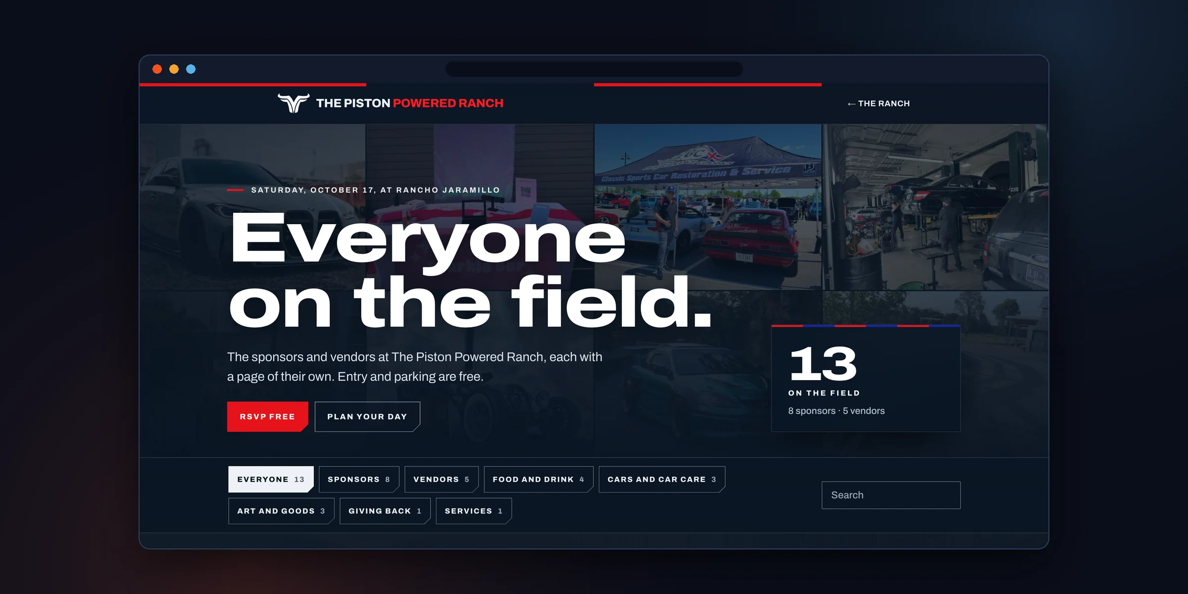 The site's partners page on a desktop screen, a tile for every sponsor and vendor over a wall of their photographs