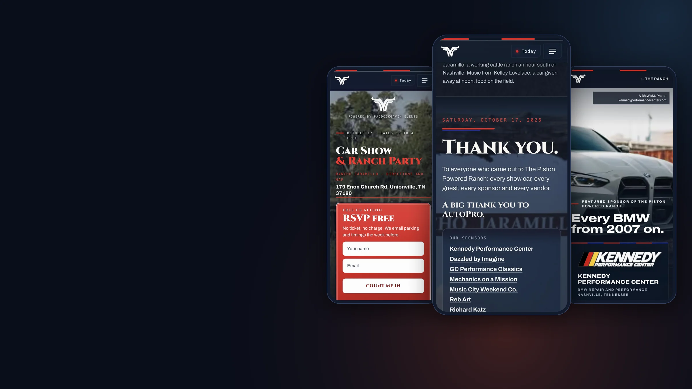 Three phones on a dark ground showing pages of this site: the car show's front page, its thank you, and Kennedy Performance Center's page