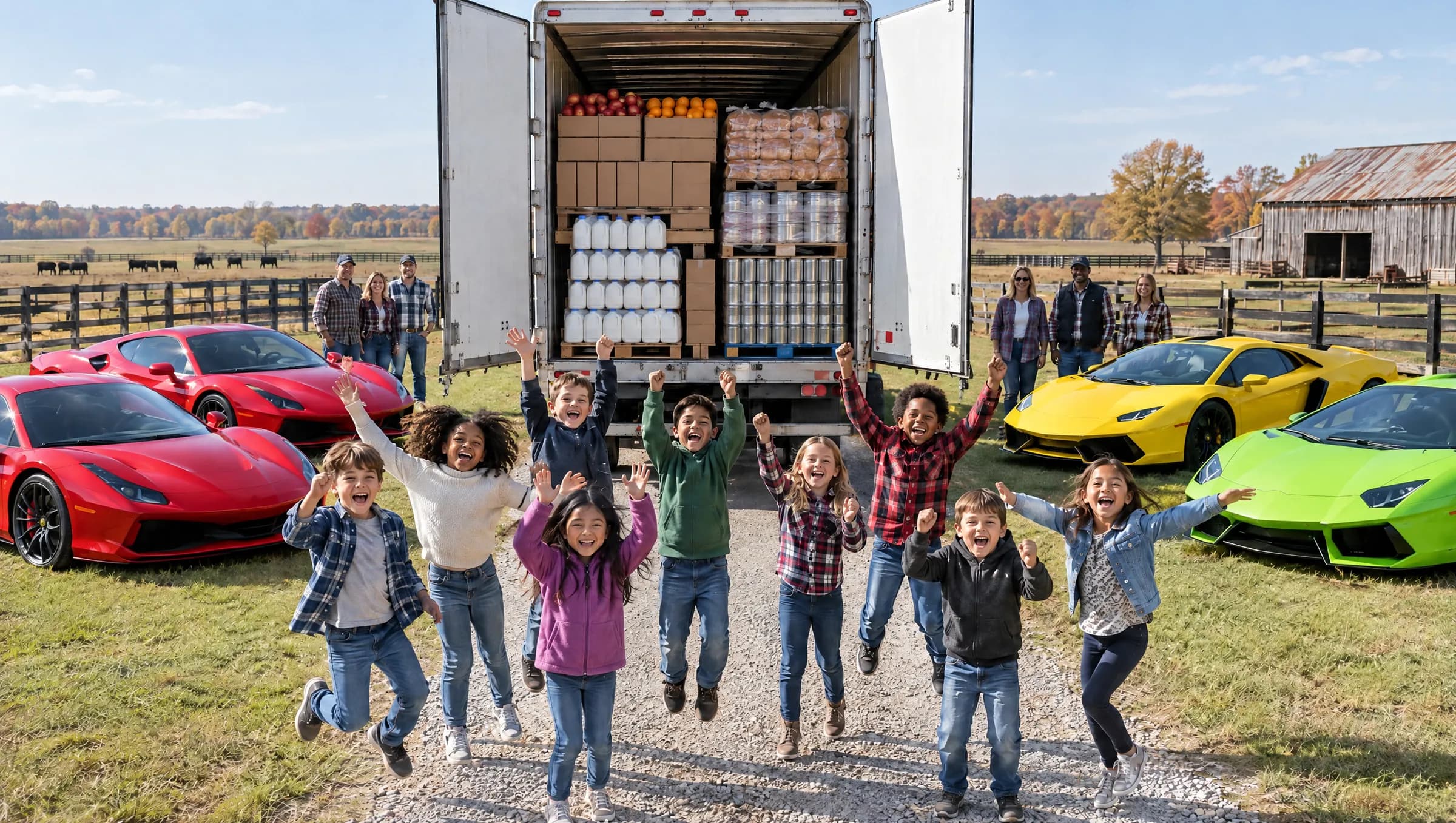 Concept image, made with AI: kids jumping with their arms up in front of an open semi trailer full of food, with show cars and a barn behind them