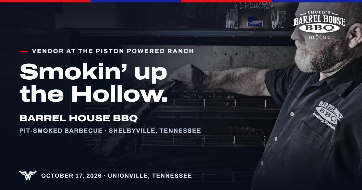 A pitmaster in a black Barrel House BBQ shirt lifts a rack of ribs from a stainless steel smoker. Vendor at The Piston Powered Ranch. Smokin’ up the Hollow. Barrel House BBQ. Pit-smoked barbecue · Shelbyville, Tennessee. October 17, 2026 · Unionville, Tennessee.