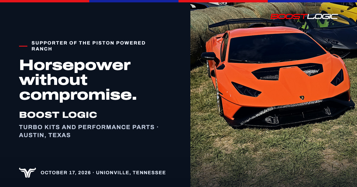 The orange Lamborghini Huracán STO on the grass at Rancho Jaramillo, round hay bales and a black Lamborghini behind it. Supporter of The Piston Powered Ranch. Horsepower without compromise. Boost Logic. Turbo kits and performance parts · Austin, Texas. October 17, 2026 · Unionville, Tennessee.