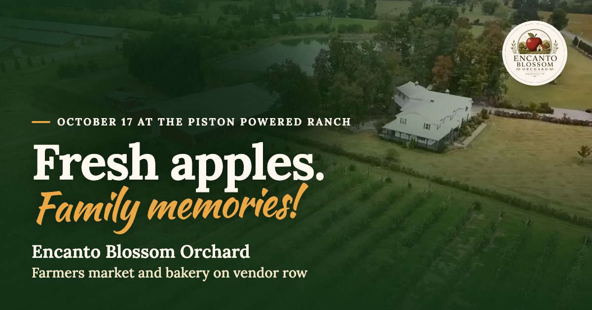 The orchard from the air, apple rows running past the white farmhouse and the pond. October 17 at The Piston Powered Ranch. Fresh apples. Family memories! Encanto Blossom Orchard. Farmers market and bakery on vendor row.