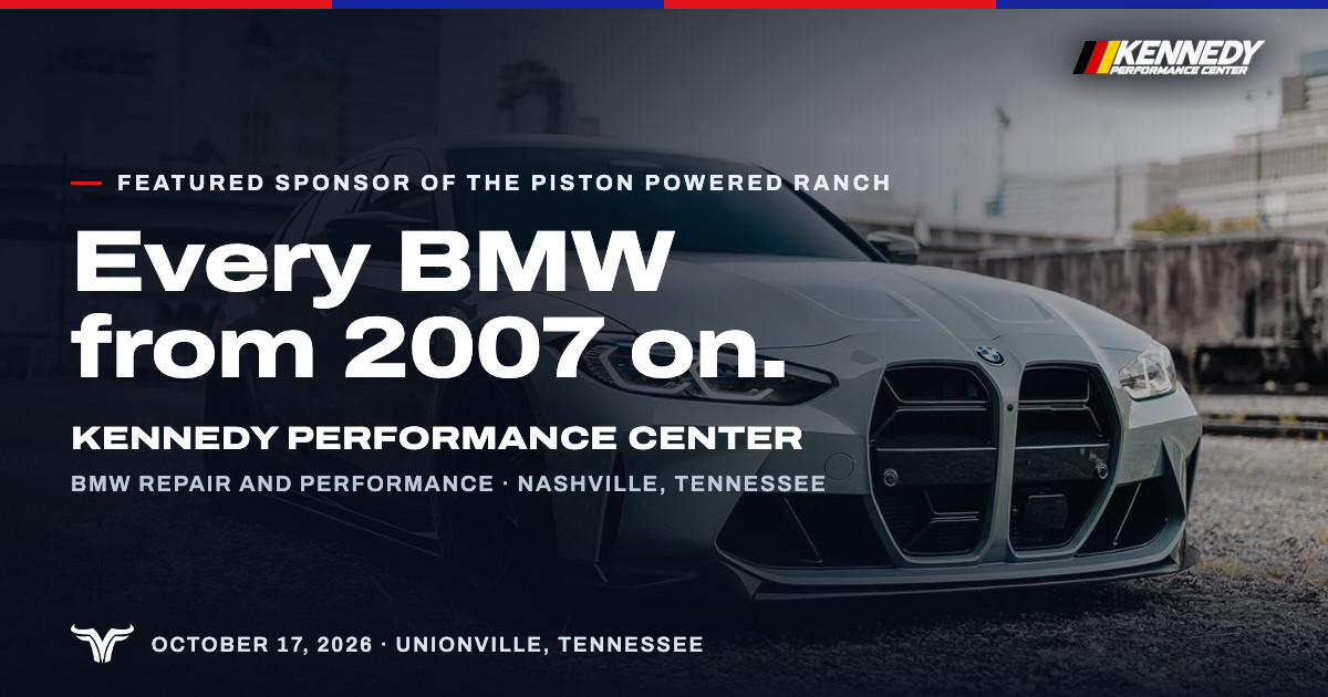 A gray BMW M3 on gravel beside a rail yard, the city skyline behind. Featured Sponsor of The Piston Powered Ranch. Every BMW from 2007 on. Kennedy Performance Center. BMW repair and performance · Nashville, Tennessee. October 17, 2026 · Unionville, Tennessee.