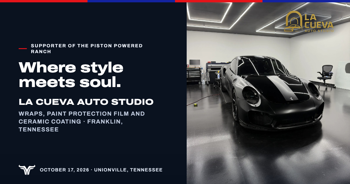 A black Porsche 911 in La Cueva's studio under square light panels. Supporter of The Piston Powered Ranch. Where style meets soul. La Cueva Auto Studio. Wraps, paint protection film and ceramic coating · Franklin, Tennessee. October 17, 2026 · Unionville, Tennessee.