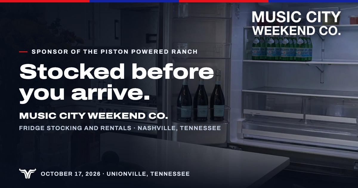 An open, stocked refrigerator in a kitchen, bottles on its shelves. Sponsor of The Piston Powered Ranch. Stocked before you arrive. Music City Weekend Co. Fridge stocking and rentals · Nashville, Tennessee. October 17, 2026 · Unionville, Tennessee.