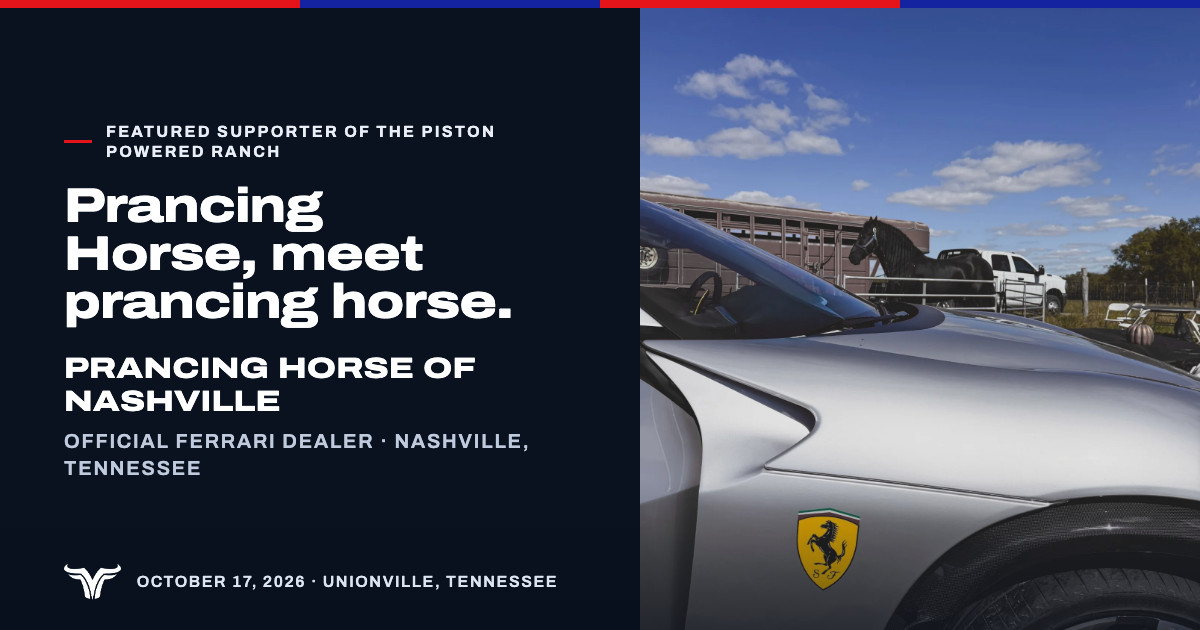 The Ferrari shield on the silver Purosangue's fender, and beyond it the ranch's black horse standing at the red livestock trailer. Featured Supporter of The Piston Powered Ranch. Prancing Horse, meet prancing horse. Prancing Horse of Nashville. Official Ferrari dealer · Nashville, Tennessee. October 17, 2026 · Unionville, Tennessee.